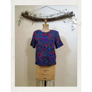 Groovy Abstract Psychadelic Blue Fushia Purple Boho Festival Loose Blouse